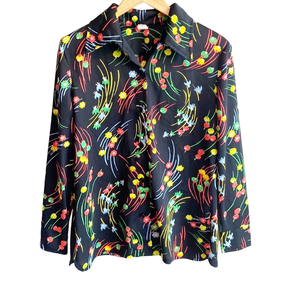 Vintage 70s bright floral novelty polyester Button Up Dagger Collar shirt 16